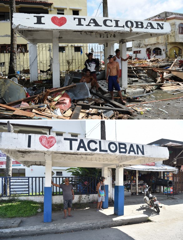 THEN AND NOW. Survivors stand under a shelter surrounded by a pile of debris washed inland after Typhoon Yolanda (Haiyan) struck Tacloban City on November 10, 2013 (top photo). The same waiting shed in Tacloban City on October 31, 2018 (bottom). Photos by Ted Aljibe/AFP  
