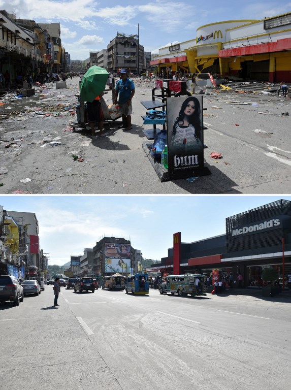 Yolanda (Haiyan) survivors carry looted goods after the typhoon struck Tacloban City on November 10, 2013 (top photo). The Rizal street extension on October 31, 2018. Photos by Ted Aljibe/AFP 