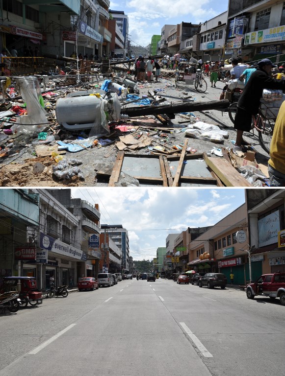 Residents walk past toppled power lines and debris after Typhoon Yolanda (Haiyan) along a street in Tacloban City, Leyte on November 10, 2013 (top photo). The same street after reconstruction on November 1, 2018 (bottom). Photos by Ted Aljibe/AFP 