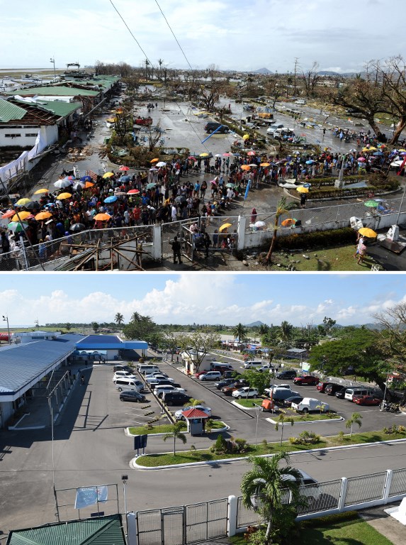 On November 10, 2013 (top photo) Typhoon Yolanda (Haiyan) survivors queuing up to receive relief goods being distributed at the Tacloban airport.The renovated terminal building of the Daniel Z. Romualdez airport on November 1, 2018. Photos by Ted Aljibe/AFP 