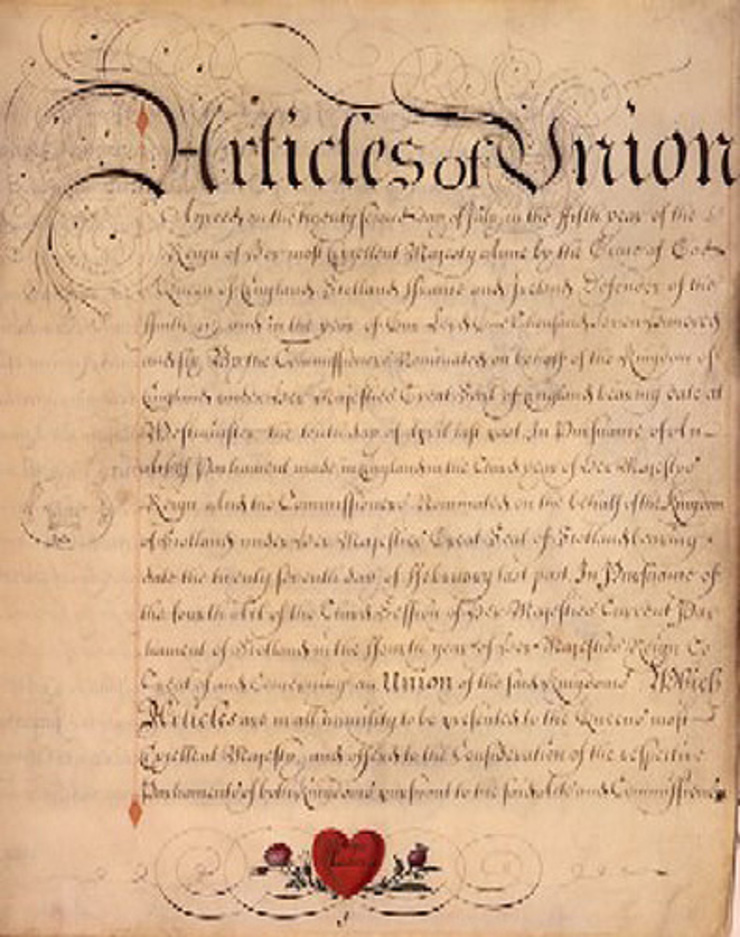 MARRIAGE CONTRACT. Reproduction of the original 'Articles of Union with Scotland 1707'. Image courtesy UK Parliament, via WikiMedia Commons