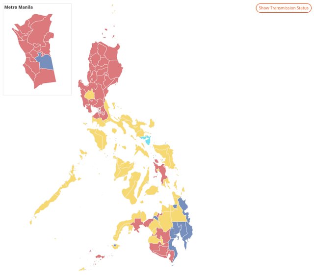 MANILA. Based on unofficial results as of evening of May 11, majority of NCR is colored red – signifying the lead of vice presidential candidate Ferdinand "Bongbong" Marcos. Screenshot from Rappler's results page 