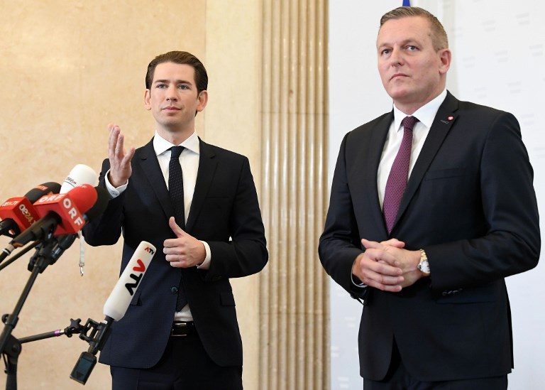 SPY? Austrian Chancellor Sebastian Kurz (L) and Defense Minister Mario Kunasek give a press conference in Vienna, Austria, on November 9, 2018, to comment on the case of a retired colonel in the Austrian army suspected of having spied for Russia for several decades. File photo by Helmut Fohringer/APA/AFP 