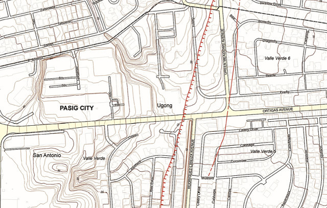 FAULT-RIDDEN. Active faults (red lines) cut through a part of Pasig City occupied by subdivisions Valle Verde 5 and 6. Image from Phivolcs' Valley Fault System Atlas 