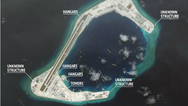 ZAMORA REEF. This satellite image shows Zamora (Subi) Reef, which China has reclaimed and built into a military base. Photo courtesy of CSIS/AMTI and DigitalGlobe 
