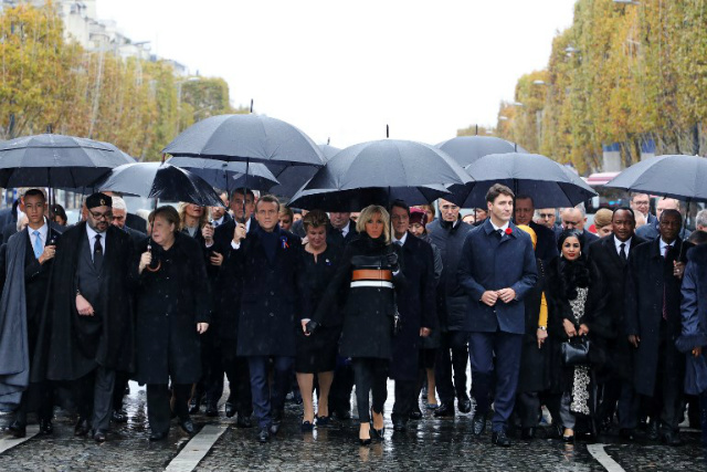 SYMBOLIC. World leaders arrive at the Arc de Triomphe in Paris to attend a ceremony as part of commemorations marking the 100th anniversary of the 11 November 1918 armistice, ending World War I. Photo by Ludovic Marin/Pool/AFP 