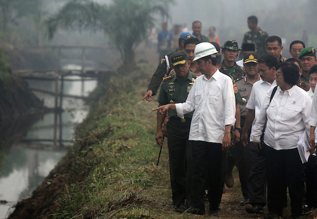 ASAP. Presiden Joko Widodo menginspeksi kanal air yang digunakan untuk mencegah kebakaran di Rimbo Panjang, Kampar, Riau, 9 Oktober 2015. Foto oleh Rony Muharrman/EPA 