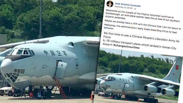 PLANE LANDING. Photos of a Chinese military plane landing in the Davao City Airport have gone viral, fuelling concerns among netizens. Screenshot from Jose Antonio Custodio's Facebook page