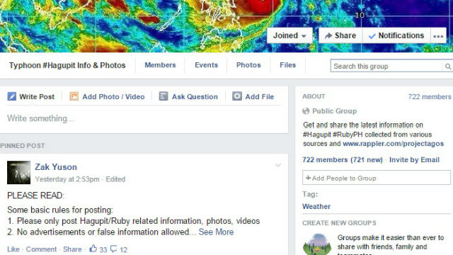 HAGUPIT. Netizens gather in a Facebook group for updates on Typhoon Ruby as it nears Philippine land. 