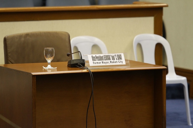 NO SHOW. Vice President Jejomar Binay's empty chair at the Senate probe on November 6, 2014. Photo by Mark Cristino/Rappler