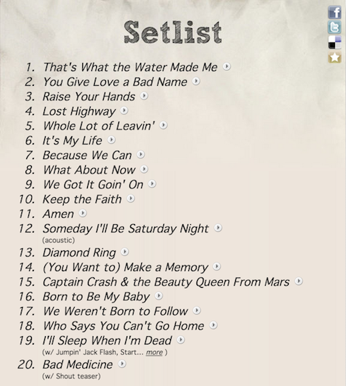 Setlist Bon Jovi di Brisbane, Australia, 17 Desember 2013. Foto dari setlist.fm 