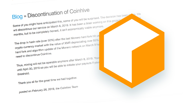 SHUTTING DOWN. Coinhive is discontinuing its services due to a variety of factors. Screenshot of announcement from Coinhive website 