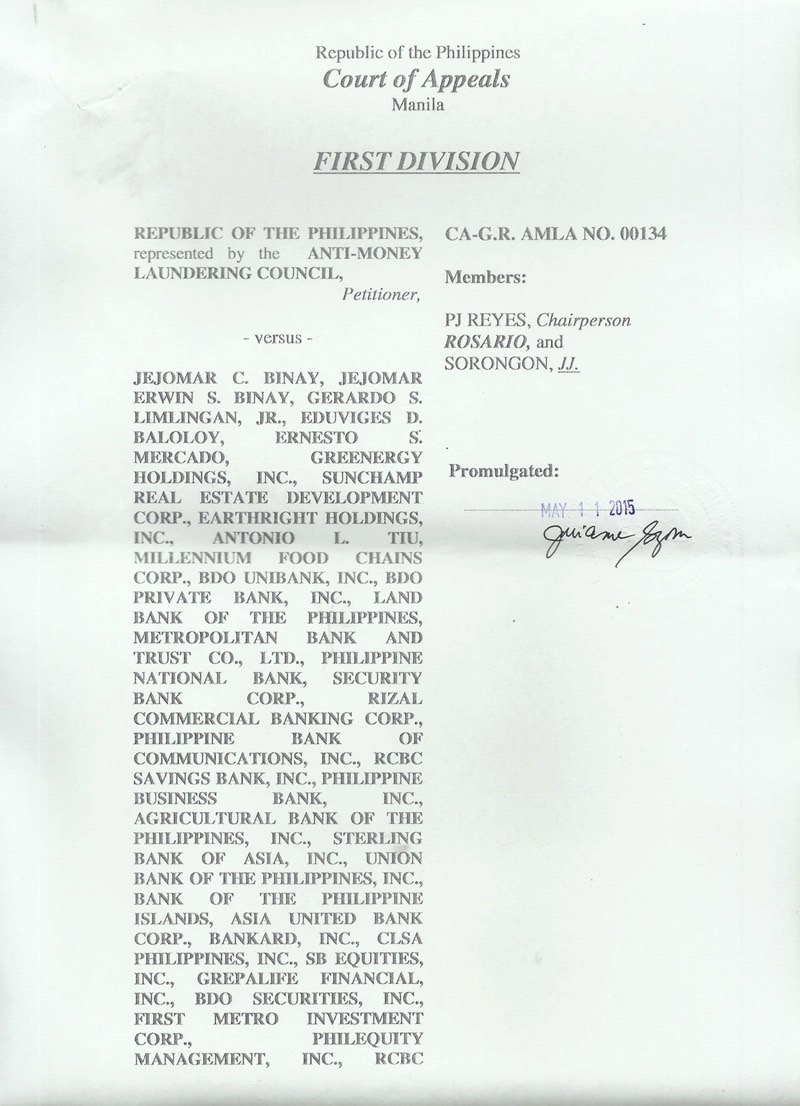 Screenshot of the CA resolution freezing Vice President Jejomar Binay and his alleged dummies' accounts 