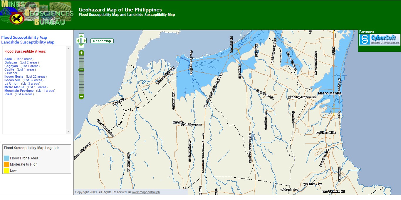 SUSCEPTIBILITY MAP. MGB maps show susceptibility of an area to floods or landslide. Screengrab from the Mines and Geosciences Bureau portal. 