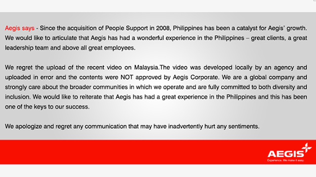 REGRETFUL. Aegis apologizes over the video promoting Malaysia at the expense of the Philippines. Image from Aegis Global's Facebook page