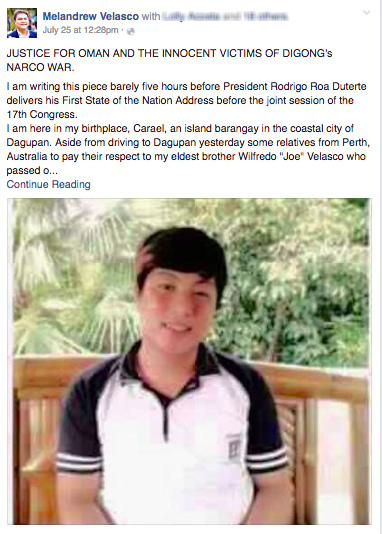 JUSTICE. Melandrew Velasco, Oman's relative, takes to Facebook his call for justice for his death.