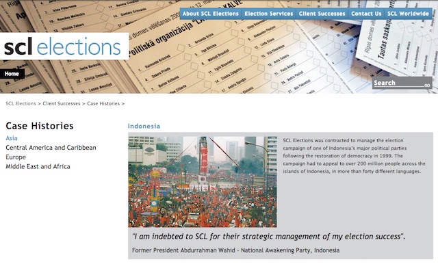 CASE HISTORIES. SCL Elections' old website version compiles case studies on Southeast Asia. Screenshot from web.archive.org 