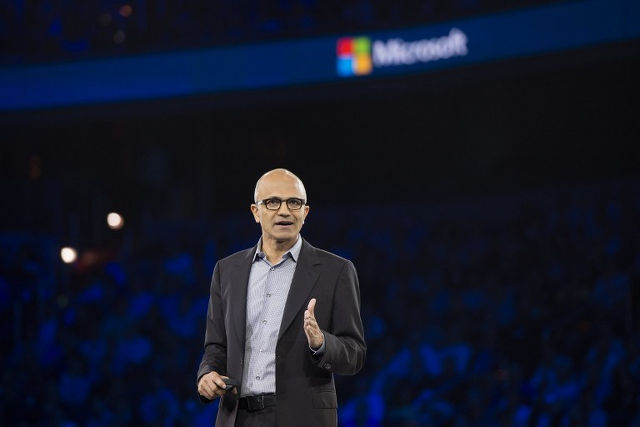 NADELLA. In this photograph taken on July 16, 2014, Microsoft CEO Satya Nadella speaks during his keynote address at the Microsoft Worldwide Partner Conference 2014 at the Verizon Center in Washington.  Saul Loeb/AFP