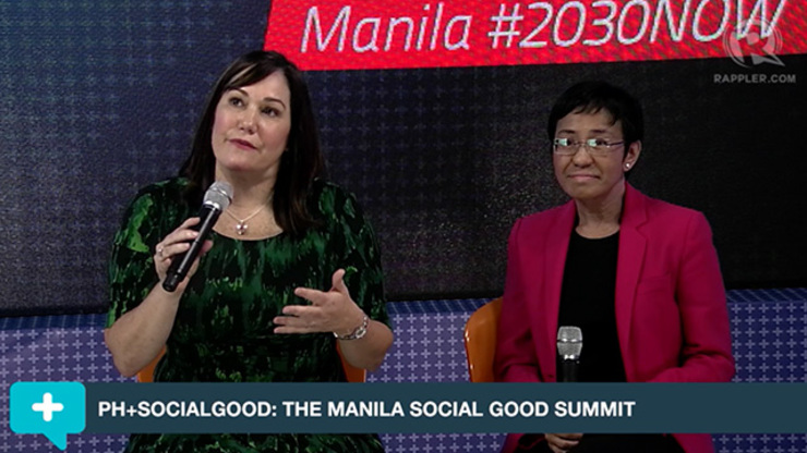 THE POWER OF THE CROWD. Kelli Arena and Maria Ressa talks about crowdsourcing and the evolution of journalism at the PH+SocialGood Manila summit. Photo by Rappler