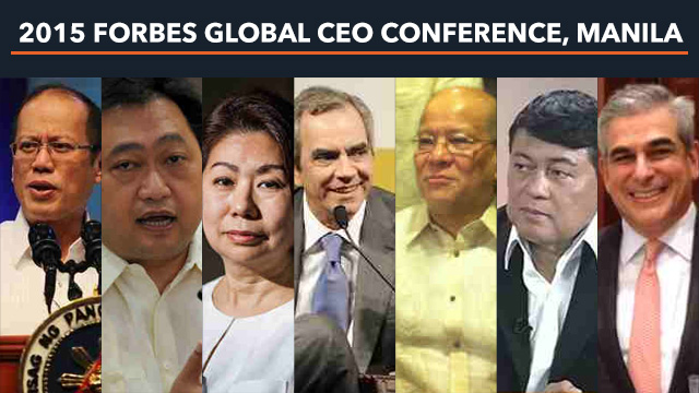 SPEAKERS. (From left) President Benigno Aquino III; Finance Secretary Cesar V. Purisima; and business leaders Teresita Sy-Coson; Enrique K. Razon Jr; Ramon S. Ang; Manuel B. Villar Jr; and Jaime Augusto Zobel de Ayala are among the 50 speakers in the 15th Forbes Global CEO Conference from October 12-14, 2015 at Solaire Resort and Casino Manila.  