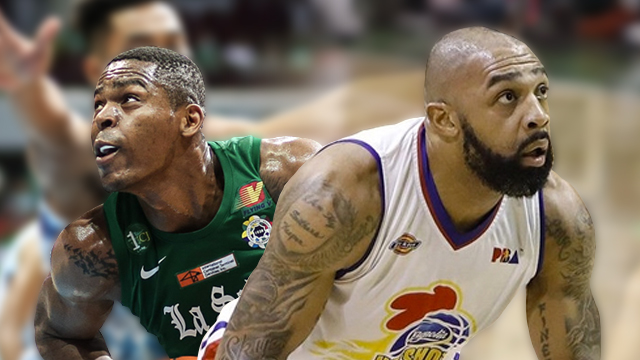 BACKUP. Ben Mbala (left) served as an emergency import replacement for Romeo Travis for the Magnolia Hotshots. Photo from Josh Albelda/Rappler (Mbala) and PBA Images (Travis)  