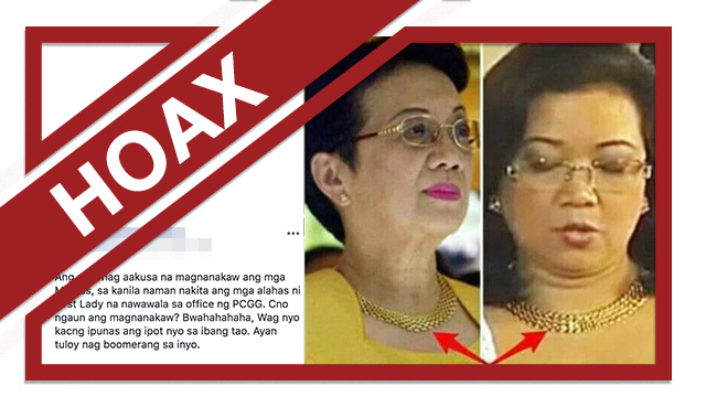 A screenshot of a false Facebook post that claims Cory Aquino and Maria Lourdes Sereno wore Imelda Marcos' necklace. 