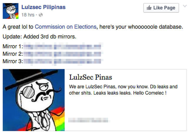 LULZSEC PILIPINAS. The Lulzsec Pilipinas Facebook page makes a post about their data leak. Screen shot from Facebook.  