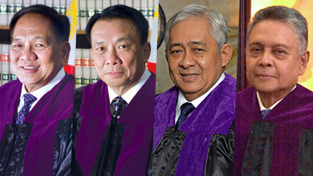 SC JUSTICES. Chief Justice Maria Lourdes Sereno claims that (left to right) Associate Justices Diosdado Peralta, Lucas Bersamin, Francis Jardeleza, and Noel Tijam cannot be impartial in the quo warranto petition filed against her. Photos from the Supreme Court 