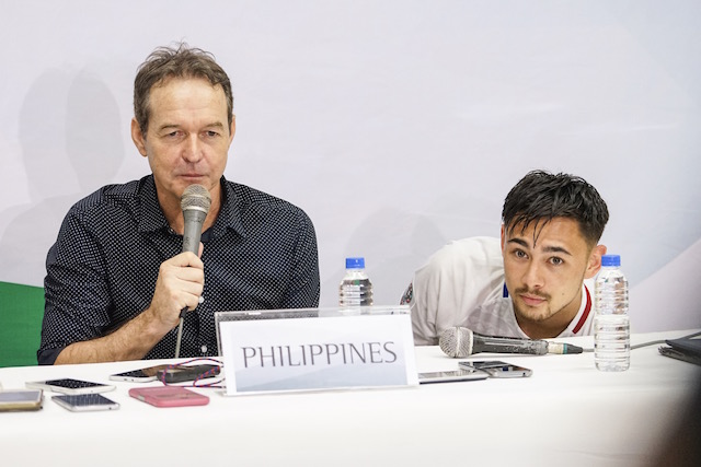 QUESTIONS. Azkals head coach Thomas Dooley (left) in the post-match press conference with 'Man of the match' Kevin Ingreso. Photo courtesy of Glen Charles Lopez/Philippine Football Federation  