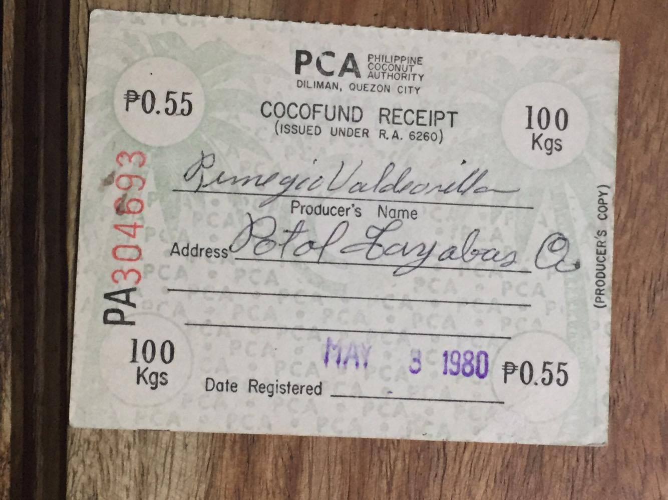 TAX. This shows that on May 8, 1980, Aling Rosing's husband was deducted 55 centavos for 100 kilos of his copra.  