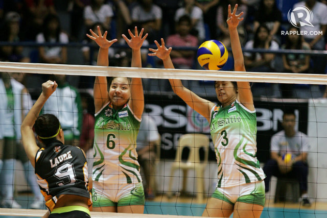 Desiree Cheng and Mika Reyes of La Salle block a UST attack. Photo by Josh Albelda