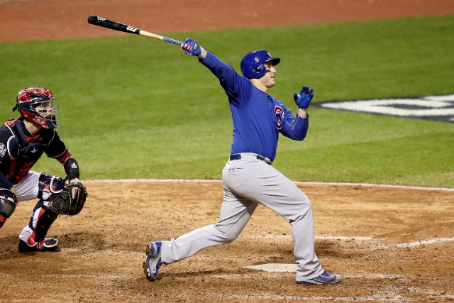 DAGGER. Anthony Rizzo of the Chicago Cubs hits a two-run homer during the ninth inning against the Cleveland Indians in Game 6 to seal a 9-3 victory and extend the 2016 World Series to a deciding Game 7. Ezra Shaw/Getty Images/AFP   