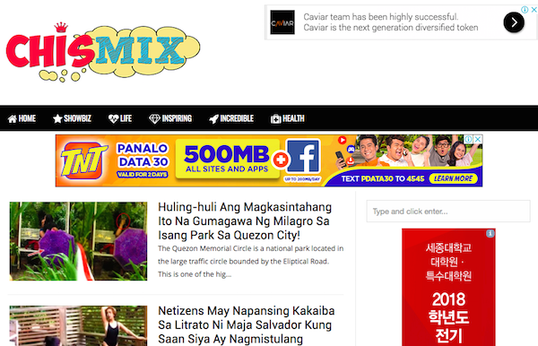 Screenshot of Chismix.com, a website registered under the same Adsense ID as Twinmark's websites. 
