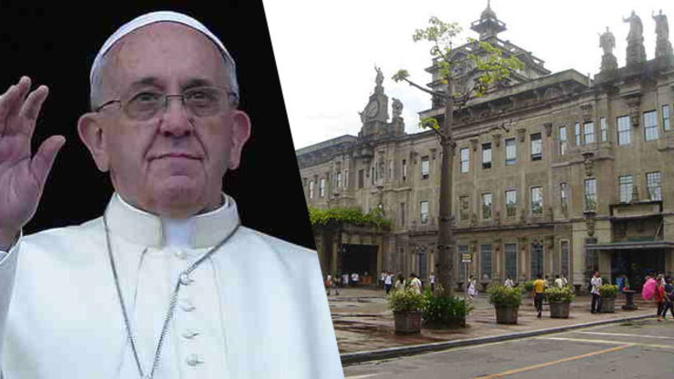 SPIRITUAL RENEWAL. Pope Francis is the third Pope to visit the University of Santo Tomas. File photo of Pope Francis by AFP/Filippo Monteforte and of the UST Main Building by Ramon FVelasquez/Wikimedia