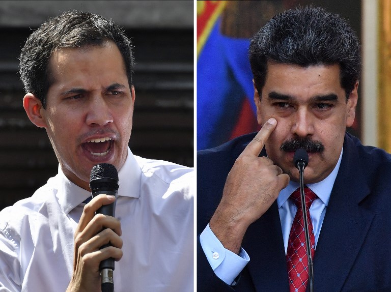 GUAIDO-MADURO SITUATION. This combination of pictures created on January 25, 2019 shows Venezuela's National Assembly head Juan Guaido (L) speaking to opposition supporters at the Central University of Caracas (UCV) in Caracas, on January 21, 2019 and Venezuelan President Nicolas Maduro offering a press conference in Caracas, on January 25, 2019. 
File photo by Yuri Cortez/AFP 