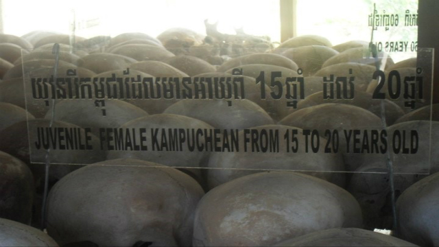 ALL AGES. Skulls arranged according to age at the Killing Fields Museum in Cambodia