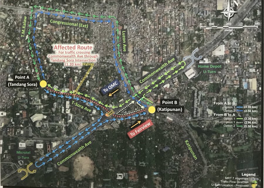 ALTERNATE ROUTE. Motorists from Katipunan Avenue and Tandang Sora in Quezon City are advised to take temporary U-turn slots along Commonwealth Avenue. Photo from the Metropolitan Manila Development Authority 
