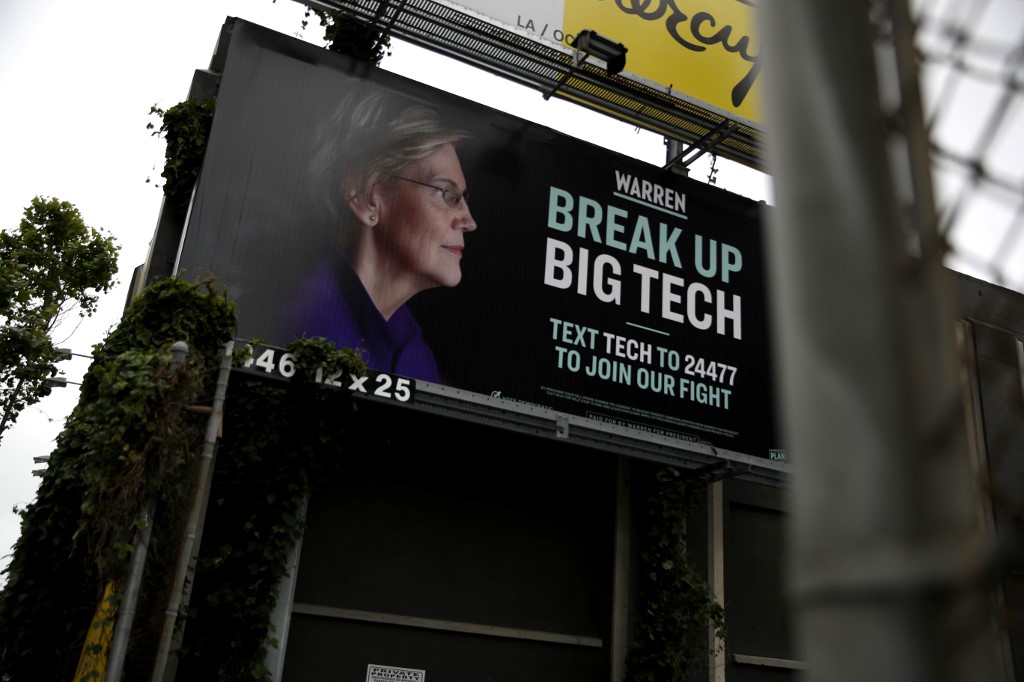 BIG TECH. he presidential campaign for U.S. Sen. Elizabeth Warren posted a billboard in the South of Market Area of San Francisco that calls for breaking up big tech. Photo by Justin Sullivan/Getty Images/AFP 