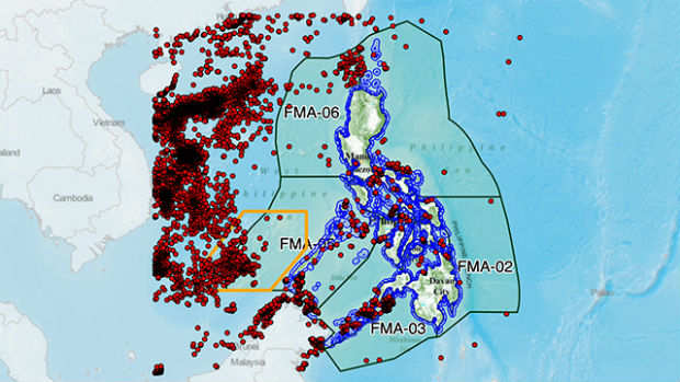 GETTING CLOSER. This map indicates the presence of foreign vessels, represented by the red dots, around and within Philippine waters. Photo from Karagatan Patrol 