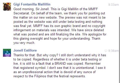 OVERSIGHT. A certain Gigi Mallillin from the MMFF Secretariat says the design was not meant to be posted. Screenshot from Jonell Estillore 