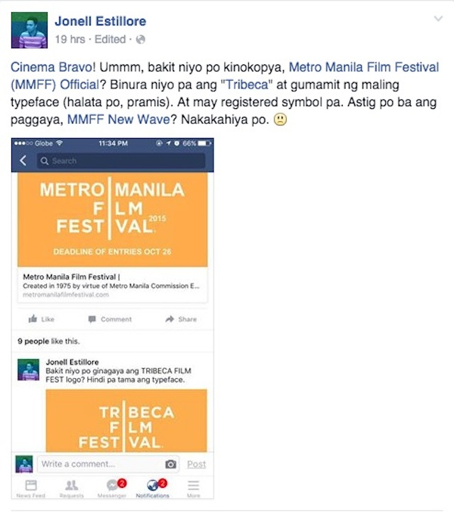 COPIED? Film reviewer Jonell Estillore posts a screenshot of the MMFF logo, which bore a similar design to the Tribeca Film Festival logo. Screenshot from the Facebook page of Jonell Estillore 