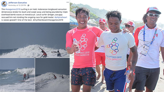 FROM FOES TO FRIENDS. Indonesian Arip Nurhidayat (left) finds a savior in Filipino rival Roger Casugay (center) during the SEA Games surfing competition.  