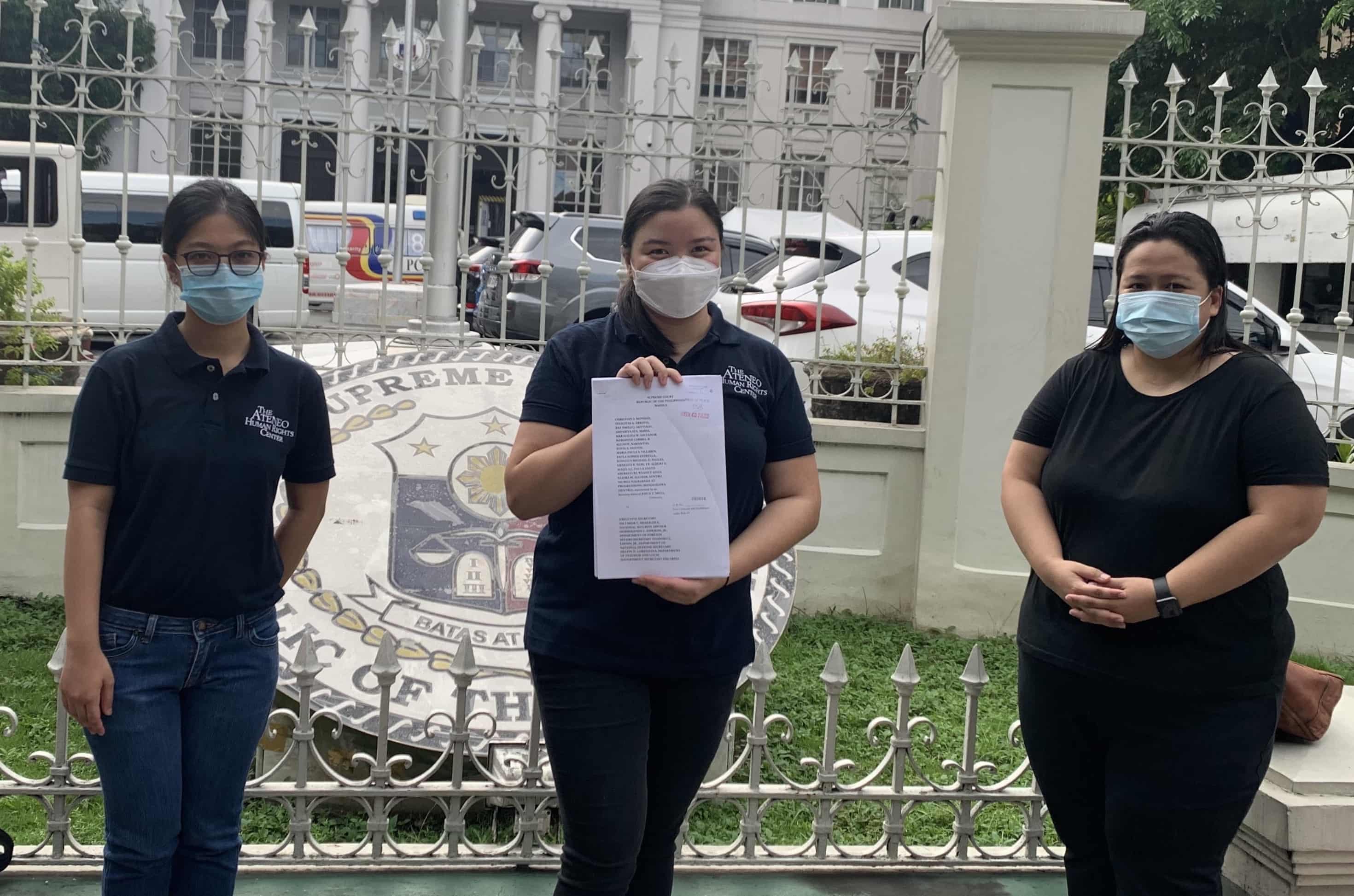 6TH PETITION. Ateneo Human Rights Center lawyers Marianne Agunoy, Paula Villarin and Paula Estrella, also co-petitioners, file the 6th petition vs the anti-terror law before the Supreme Court on July 8, 2020. Photo courtesy of AHRC 