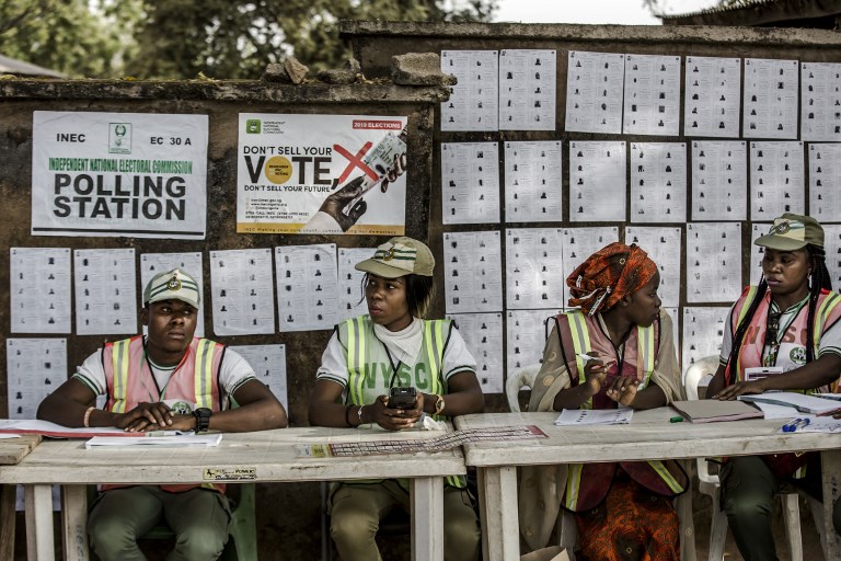 NIGERIA VOTE. Electoral Commission Officers await for voters as a polling station opens at Agiya polling station in Yola, Adamawa State, Nigeria on February 23, 2019, the day of the general elections. Photo by Luis Tato/AFP 