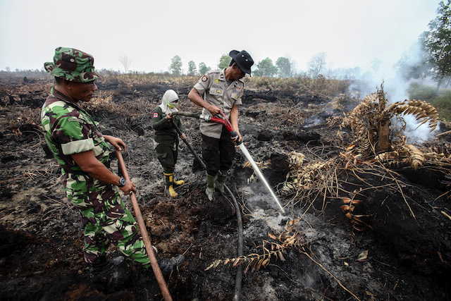 Prajurit TNI dan anggota Kepolisian memadamkan api di lahan gambut di Desa Parit Indah, Kampar, Riau, pada 9 September 2015. Foto oleh EPA 