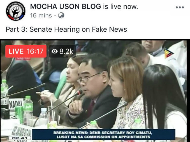 FACEBOOK LIVE. Mocha Uson Blog rebroadcasts video from state-run PTV while its owner, Mocha Uson, is seated in a 5-hour Senate hearing on October 4, 2017. Screenshot from Mocha Uson Blog 