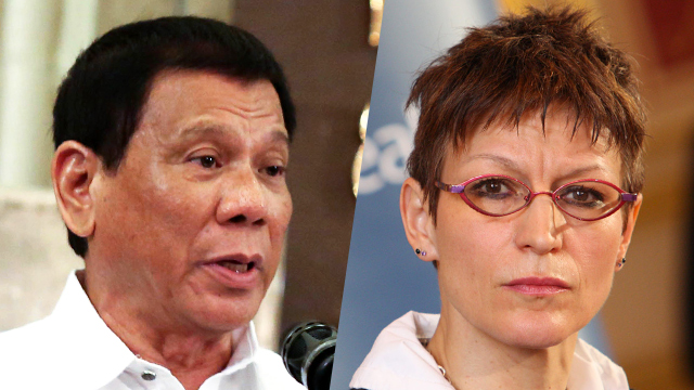 DEBATE. President Rodrigo Duterte wants to ask questions to UN Special Rapporteur Agnes Callamard once she heeds his invitation to probe extrajudicial killings in the Philippines. Duterte's photo from PPD, Callamard's photo from Wikimedia Commons 