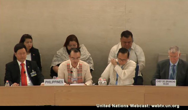 NO NEW WAVE. Senator Alan Peter Cayetano defends President Rodrigo Duterte's war on drugs before the United Nations Human Rights Council. Screengrab from UN Webcast   