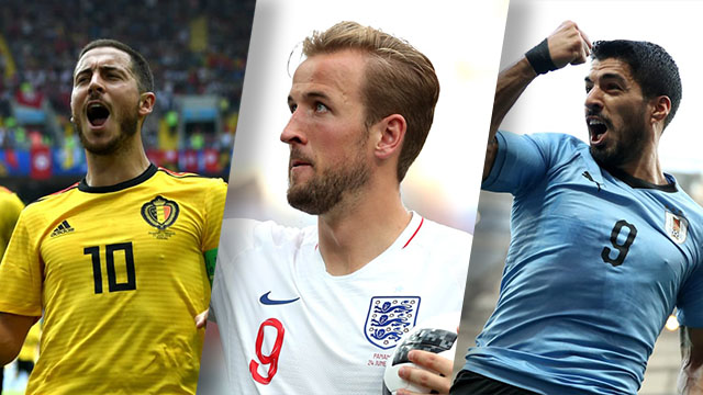 LOLOS. Eden Hazard, Harry Kane dan Luis Suarez memastikan tim mereka lolos ke babak 16 Besar Piala Dunia 2018. Foto dari FIFA.com 