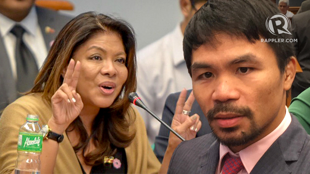 FAKE NEWS. Senator Manny Pacquiao confronts PCOO Undersecretary for new media Lorraine Badoy during a Senate hearing. 